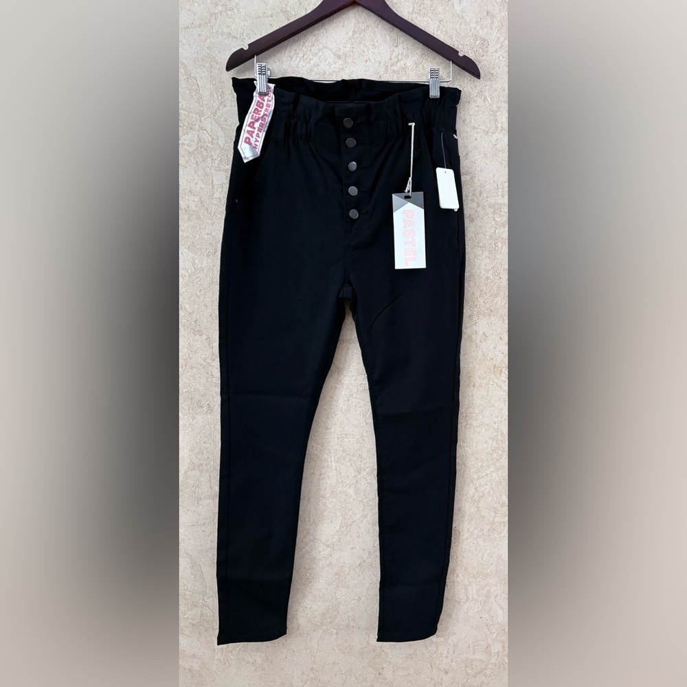 Pastels Paperbag Hyperstretch  Black Button-Up Pants